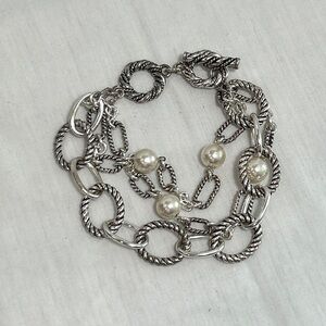Triple Chain Faux Pearl Link Bracelet Silver Tone